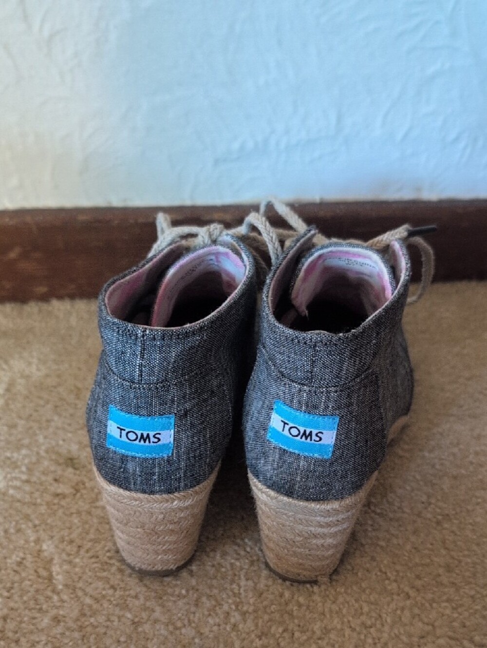 Toms Gray Lace-Up Wedge Oxfords Toms Desert Wedge Black Chambray Women - Picture 5 of 10